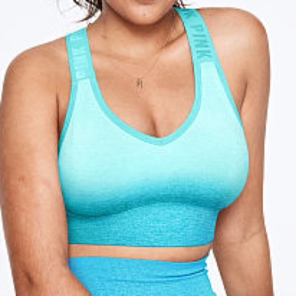 Victoria's Secret PINK Active Seamless sports bra in a blue ombre color.